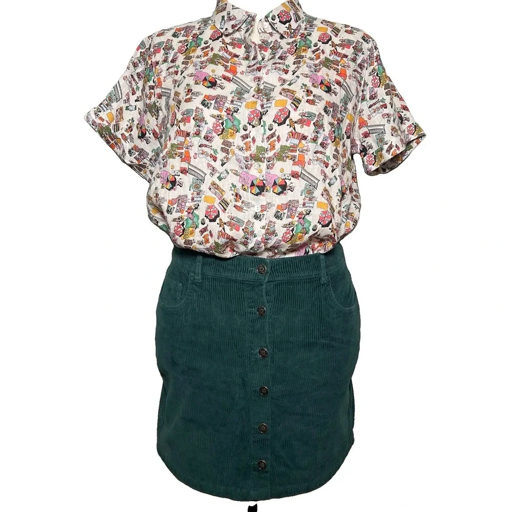 Hollister Preppy Mini‎ Skirt L Academia Ultra High-Rise Green Corduroy Button Up